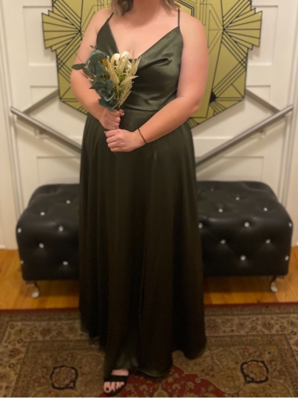 David's Bridal Galina Lace Up Olive Green Satin Cowl Neck Maxi Dress